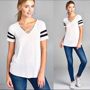 LAST 1! Athletic stripe sleeve Short Sleeve tshirt